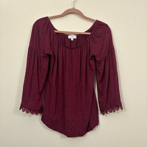 Soulmates blouse women’s small burgundy lace hem off the shoulder